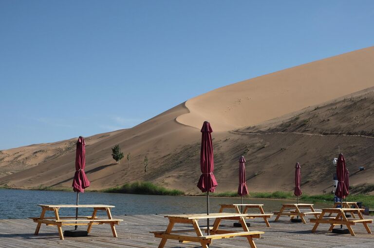 Все для людей, настил для удобства созерцания оазиса и столики для пикника в пустыне Все для людей, настил для удобства созерцания оазиса и столики для пикника в пустыне