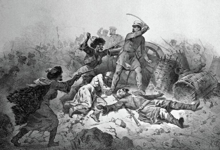 Репродукция рисунка Русские офицеры отражают нападение горцев во время Кавказской войны 1840-50 годов