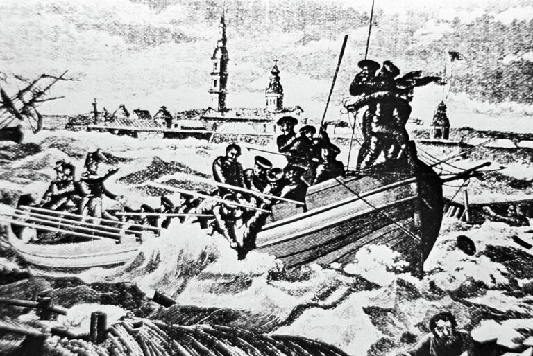 Фрагмент гравюры Наводнение в Петербурге