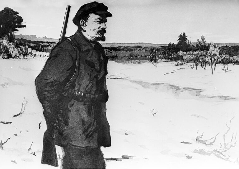 Репродукция автолитографии В. Никольского Ленин на охоте