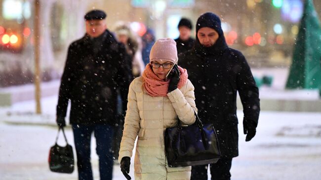 Прохожие во время снегопада в Москве