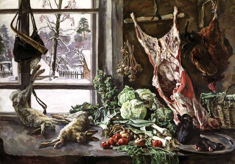 Натюрморт П.П. Кончаловского Мясо, дичь и брюссельская капуста на фоне окна