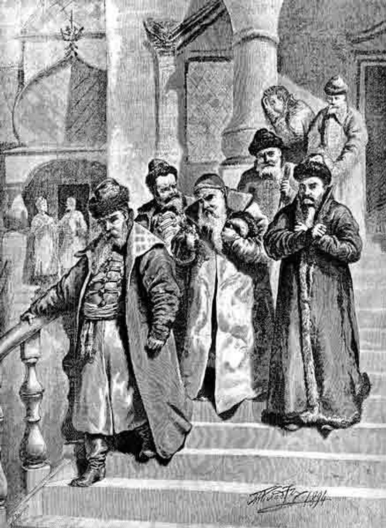 Бояре возвращаются от царя Петра I, остригшего им бороды. 