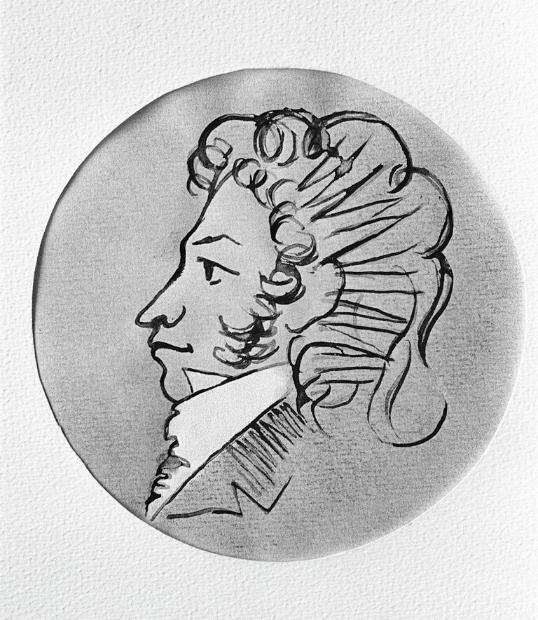 Графический портрета Пушкина, выполненный Е.Капустиным. Иллюстрация из книги Дубровский